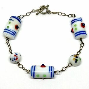 Vintage Antique White Milk Glass Murano Art Beads Venetian Sterling Bracelet 8”